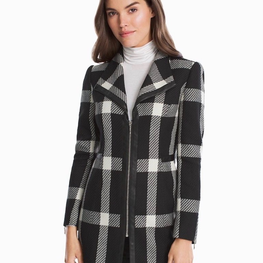 White House Black Market Black and White Plaid Trench Coat